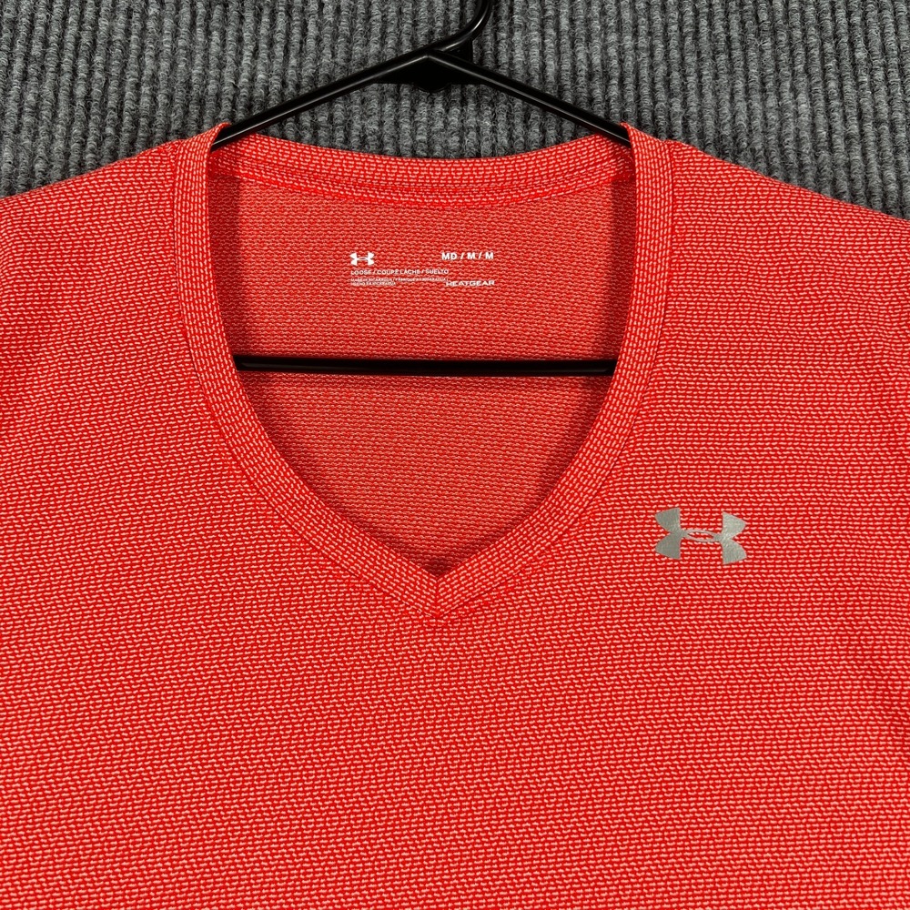 Under Armour Shirt Womens Medium Orange Short Sleeve Heat Gear Loose Fit Active